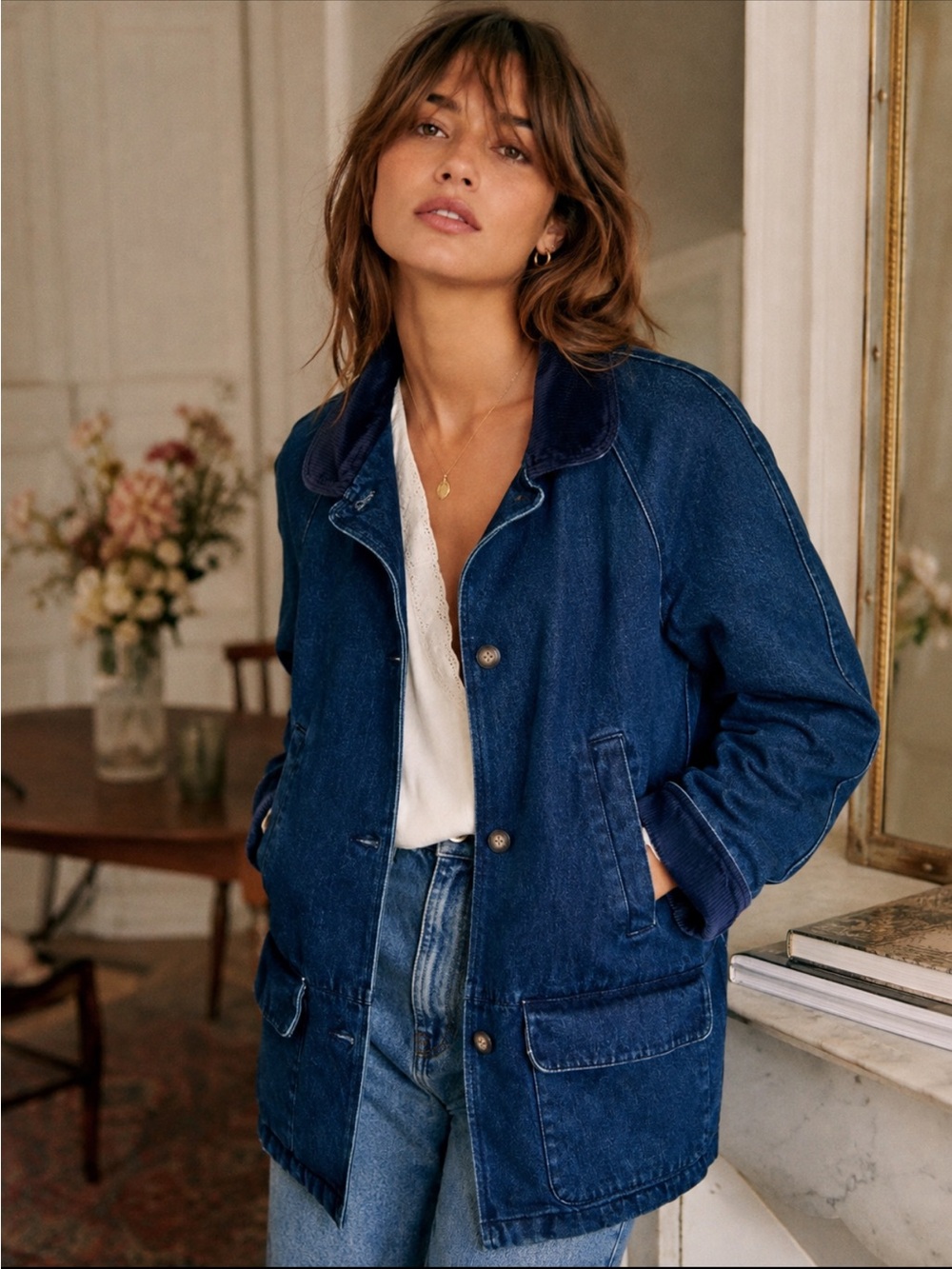 Vintage Basic Editions Women's Dark Blue Denim Chore Jacket with Corduroy Collar